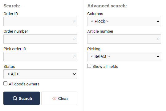 Search form alternatives and advanced form search alternatives in WMS. Alternatives: Order ID, Order number, Pick order ID, Status, all goods owners checkbox, columns, article number, picking, show all fields checkbox