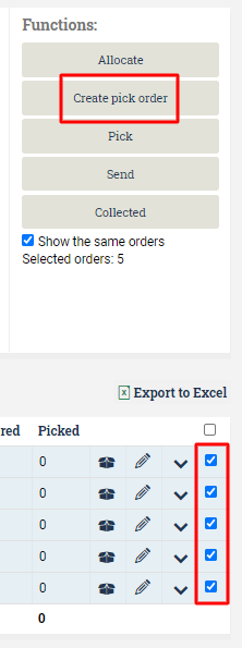 Five orders are selected and the button saying Create pick order is circled.