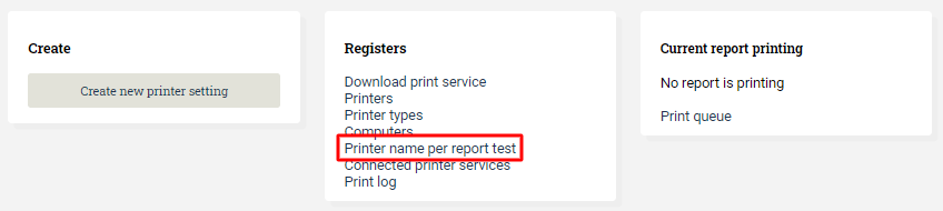 Printer name per report test button.