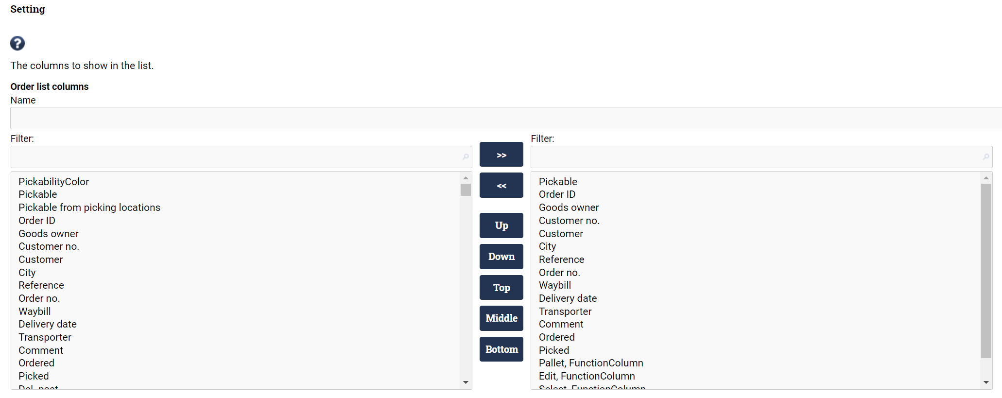 The column settings page in Ongoing WMS.