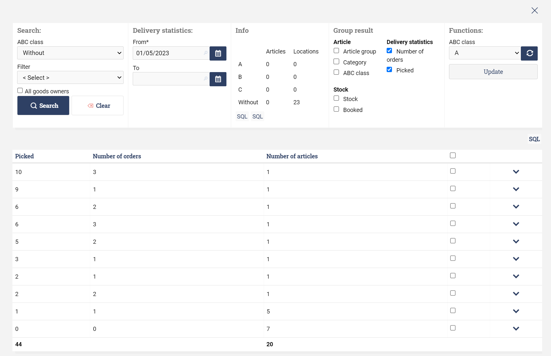 Ongoing WMS ABC classification dialog.