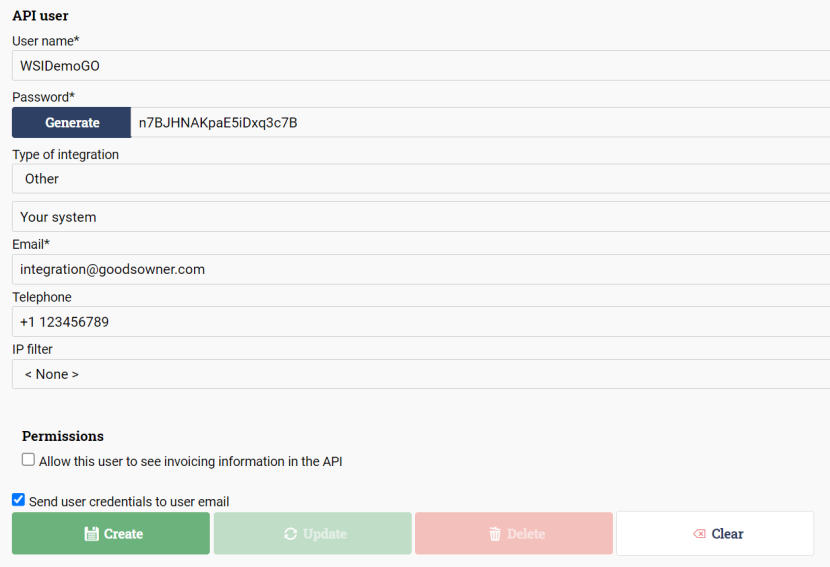 Form filled out with API user info and integration info