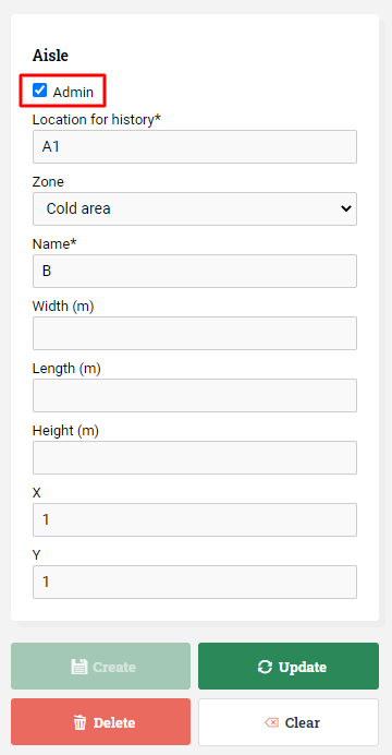 Ticked Admin box to enable aisle deletion.