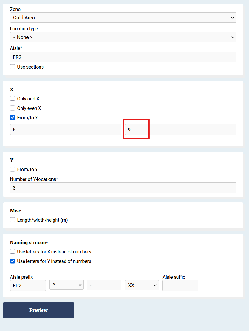 Edit menu to edit an aisle adding a new section.