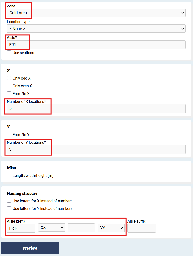 The options to fill in when creating a new aisle in a warehouse in WMS.