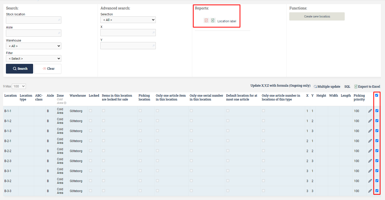 Circled button for generating labels for the marked locations.