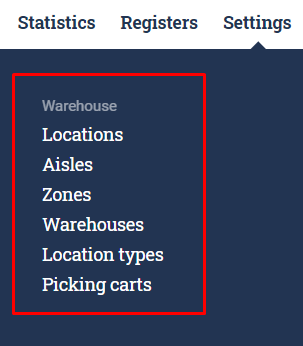Settings drop down menu showing warehouse tabs in Ongoing WMS.
