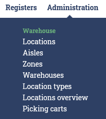 Settings drop down menu showing warehouse tabs in Ongoing WMS.