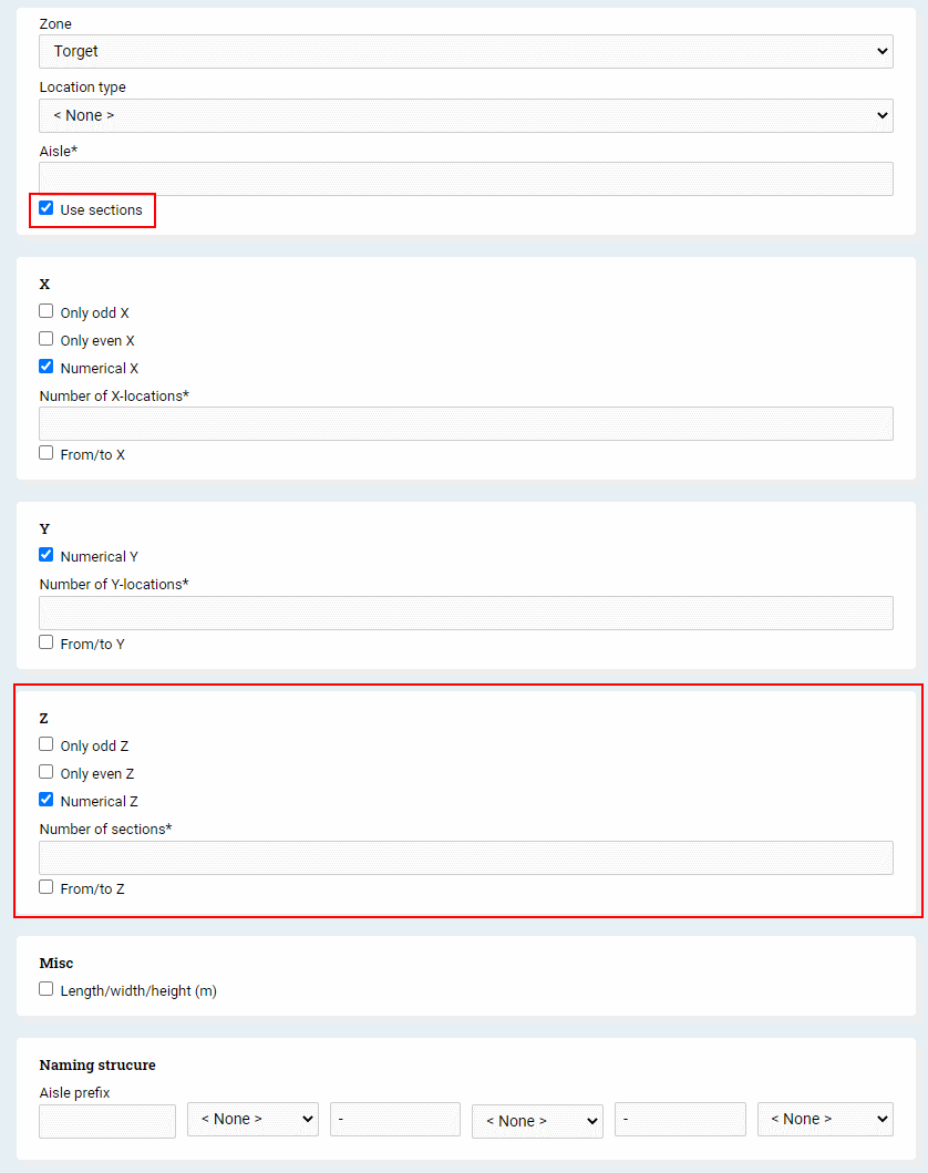 Creating a new aisle using sections in Ongoing WMS.