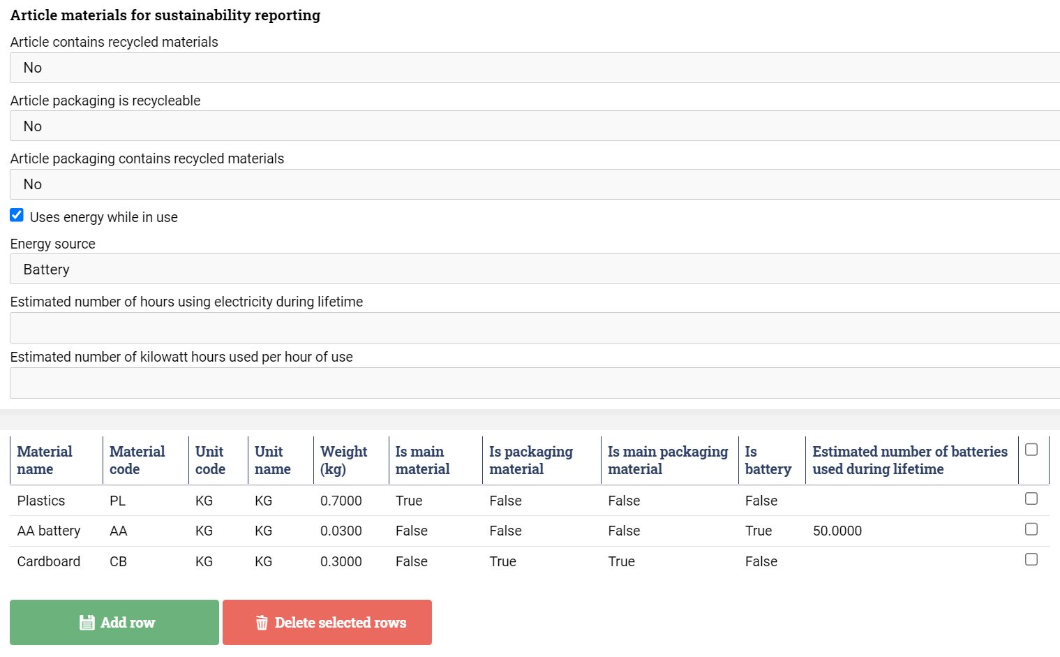 Example of an article material declaration.