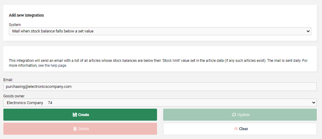 Form filled out with system, email, and goods owner.