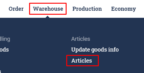 While hovering over the warehouse tab on the header, click on articles.