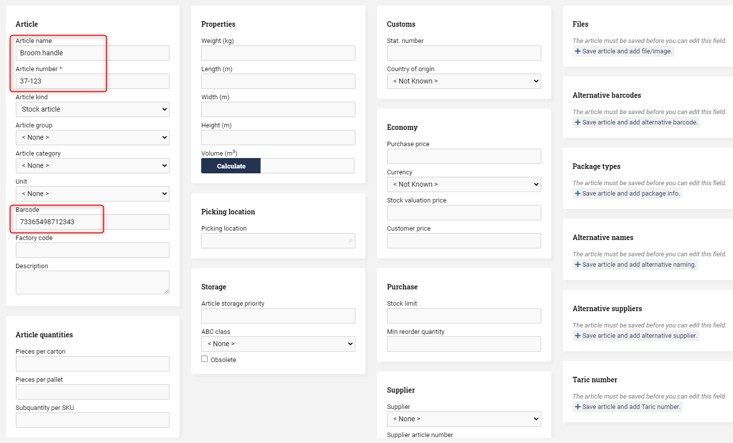 Form to create a new article in Ongoing WMS. Article number is the only mandatory field.