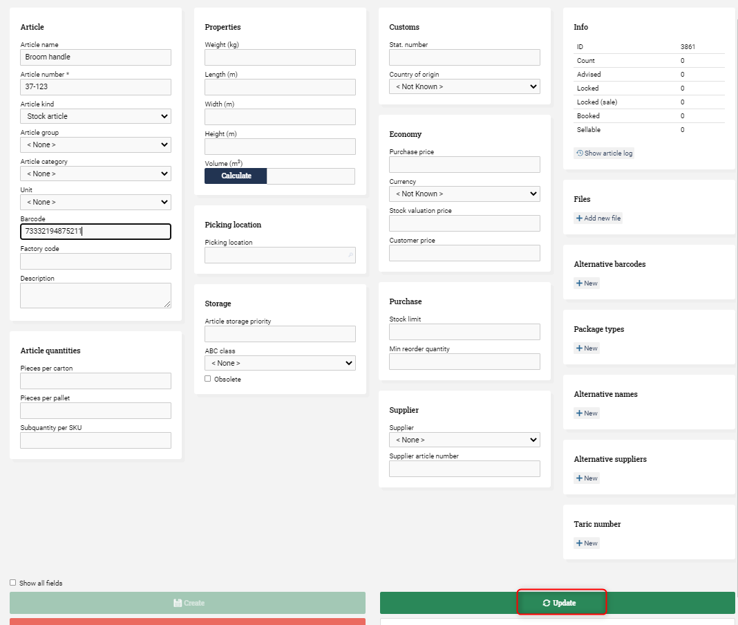 Form to edit a specific article in Ongoing WMS.