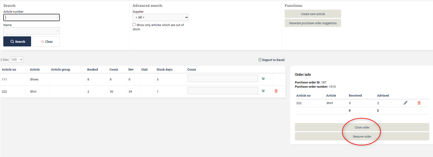 View of items added to the purchase order.