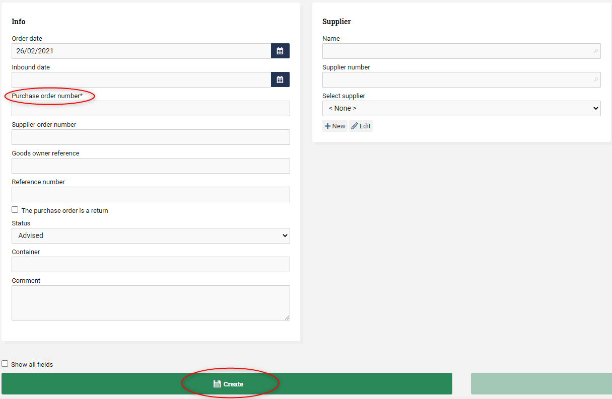 Form for creating purchase order.