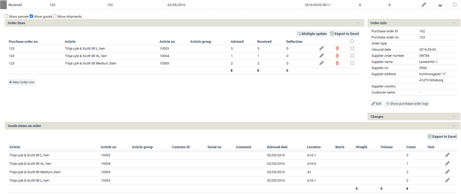 Detailed view of an expanded purchase order.