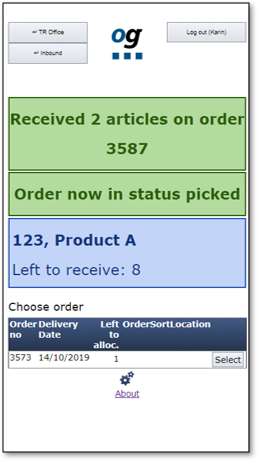 Green squares with messages that articles have been received and the order is now in status picked.