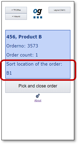 Circled blue square with the message Sort location of the order: B1.