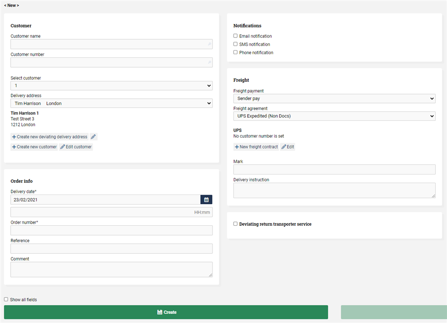 Overview of the form used to create a new order.