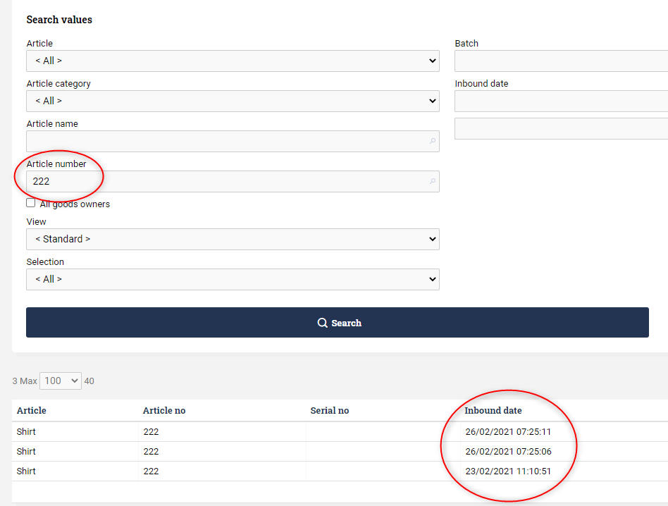 Overview of received goods and search fields.