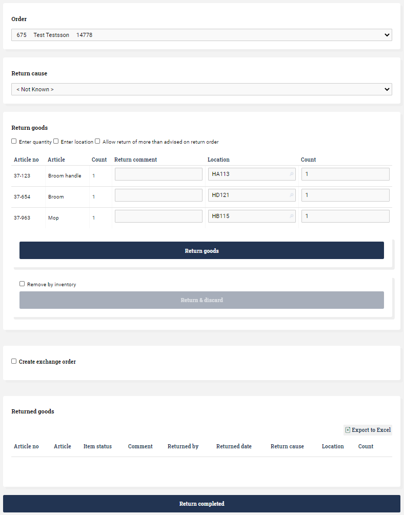 Ongoing WMS customer order return dialog