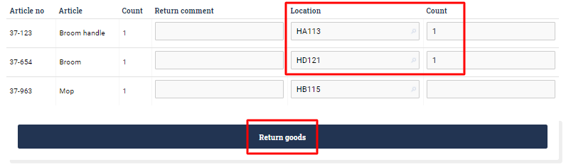 Ongoing WMS order line part in return dialog