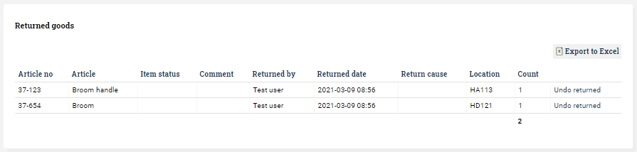 Returned goods section in return dialog of Ongoing WMS