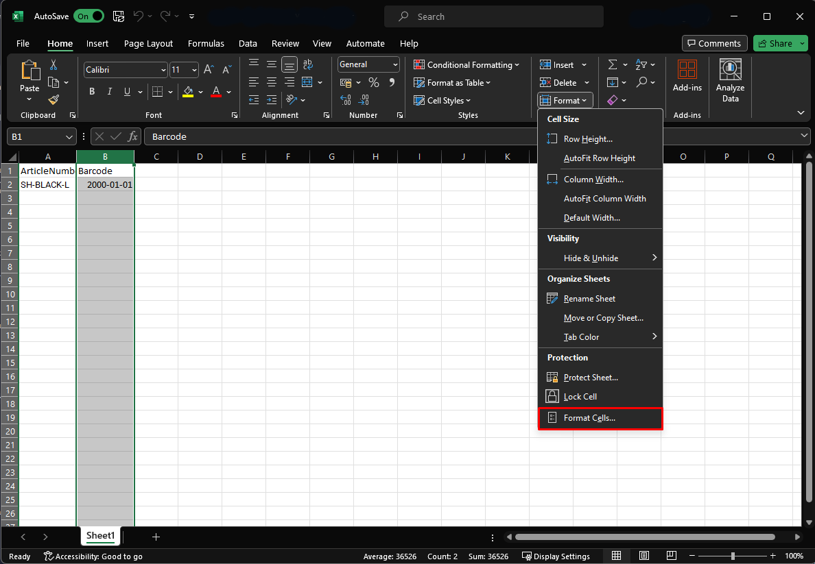 Opening the format cells dialog.