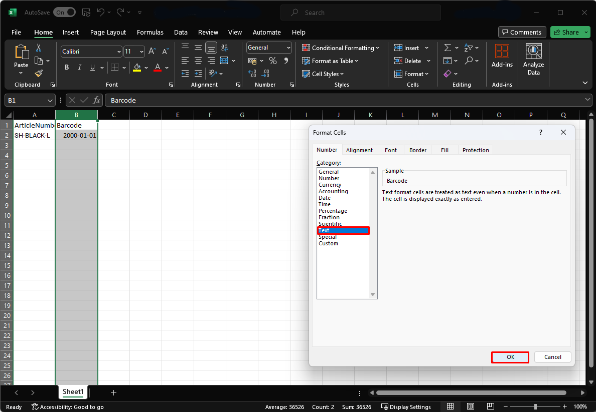 Setting the column format to "text."