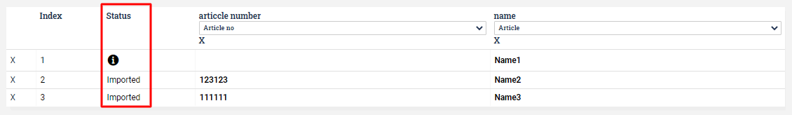 Status of all the data rows after pressing the import button.