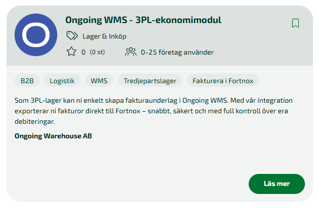 Ongoing WMS 3PL app in Fortnox marketplace