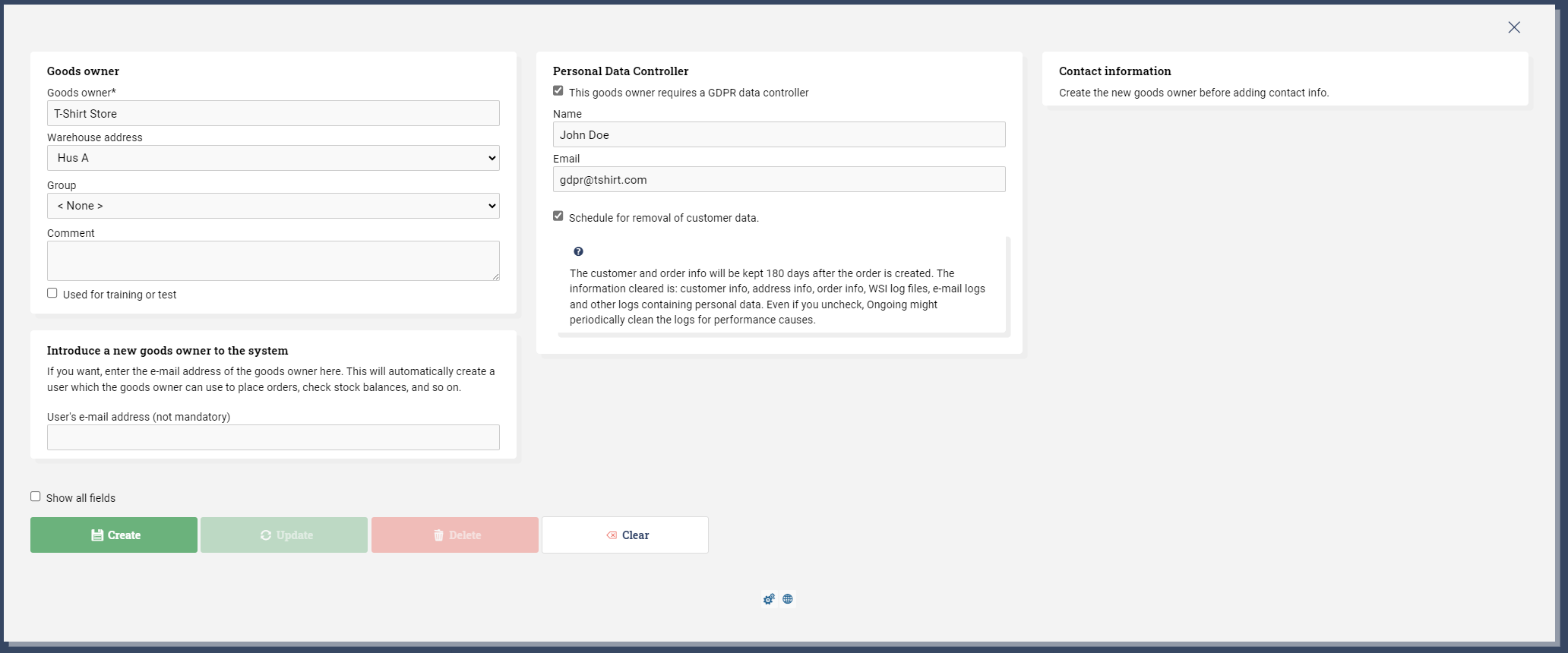 Options in form for creating a new goodsowner in Ongoing WMS.