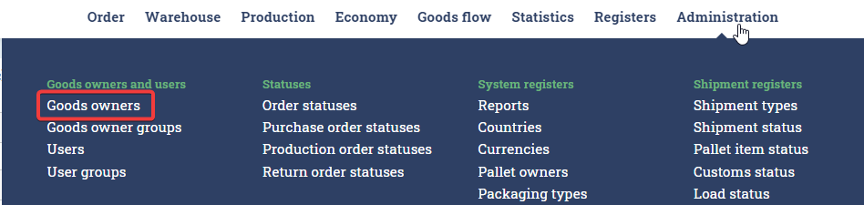 Register settings displayed on hovering tab for registers. Showing all subtabs and how to get to goods owners subtab.