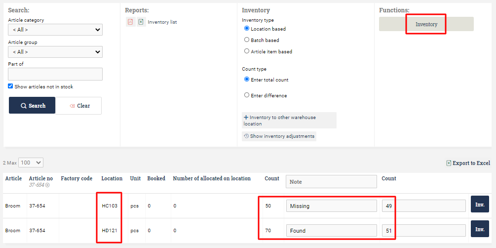 Two table rows filled out with comments and counts. Inventory button at the top of the page is circled.