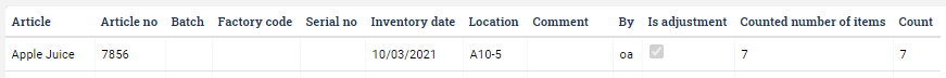 Table view of made inventory adjusments.