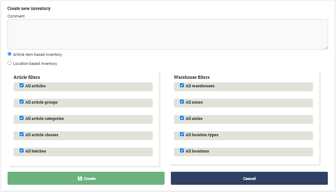 Window for creating a new inventory task.