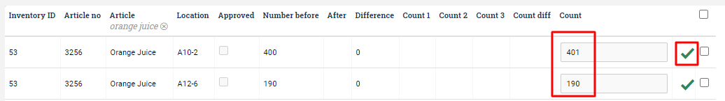 Counts entered into the inventory table rows.