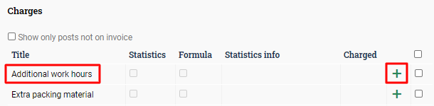 List of available charges. The row for Additional work hours is circled, as is the Add button.