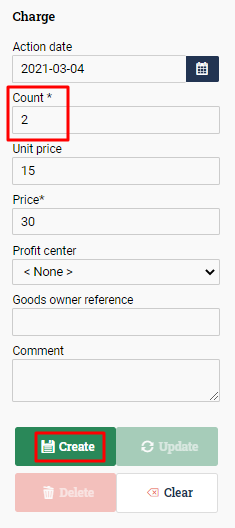 Charge form filled out with a 2 in the Count field.