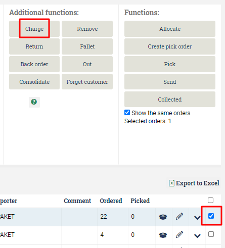 An order in the order list has been selected and the charge button is highlighted.