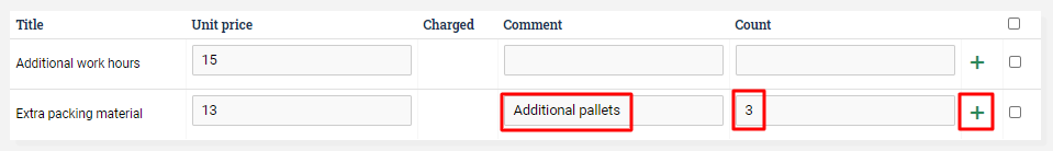 List of possible charges, with one row filled out and Add-button circled.