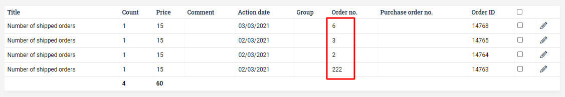 Invoice with four separate rows, each with a different number in the Order number column.