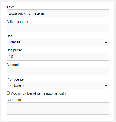 Form for creating a new price list item filled out with title and unit price.