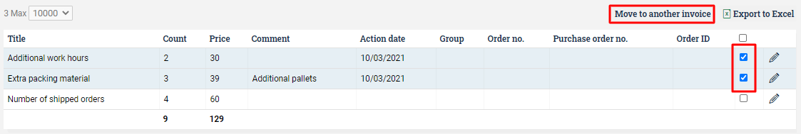 List of charges, with two rows selected and circled button saying Move to another invoice.