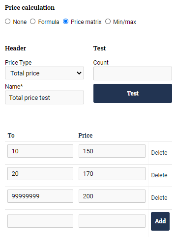 Price matrix filled out using the price type Total Price.