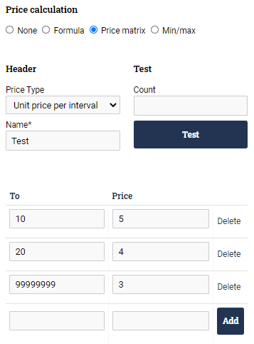 Price matrix filled out using the price type Unit Price per Interval.