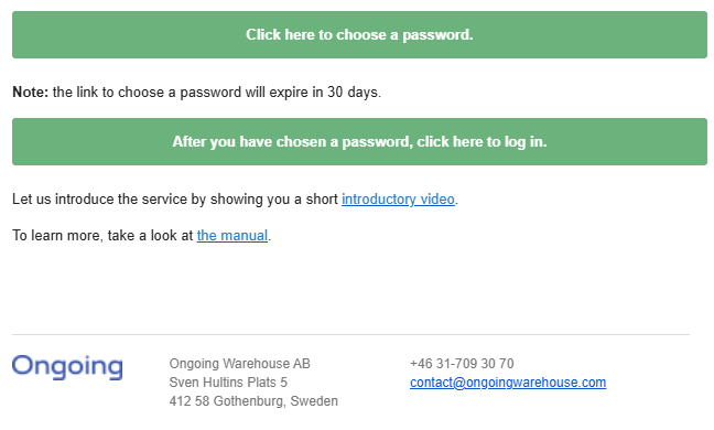 The welcome email from Ongoing WMS.