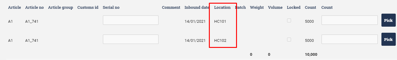 Bottom of the page in, when choosing to manually select goods, lets you choose from which location to pick from .