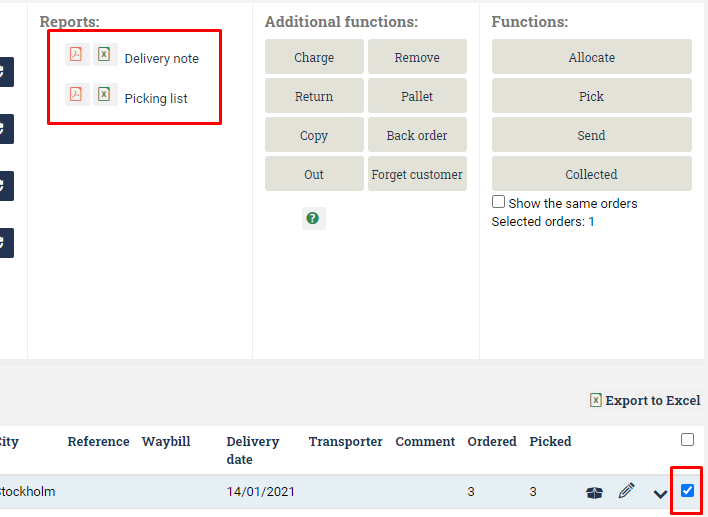 When choosing your order Ongoing WMS lets you automatically create reports, such as Delivery note or Picking list.